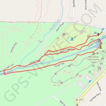 Noccalula Falls and Gorge Loop Trail via Black Creek Trail in Noccalula Falls Park trail, distance, elevation, map, profile, GPS track