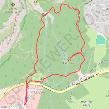 Lower Yosemite Falls Trail in Yosemite National Park trail, distance, elevation, map, profile, GPS track