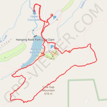 Hanging Rock - Wolf Rock Trail, Cole Gap Mountain, Hanging Rock Park Lake, Upper Cascades trail, distance, elevation, map, profile, GPS track