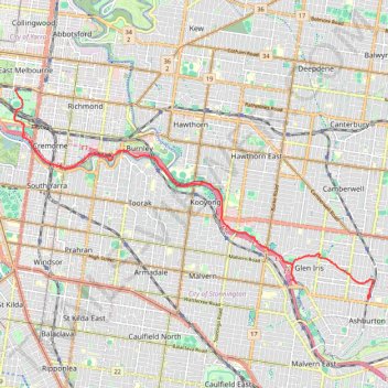 Jolimont Station to Ashburton along Yarra River, Gardiners Creek and Ferndale Trails trail, distance, elevation, map, profile, GPS track