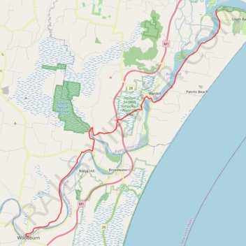 Cycle on quiet back roads between Woodburn and Ballina (ferry) trail, distance, elevation, map, profile, GPS track