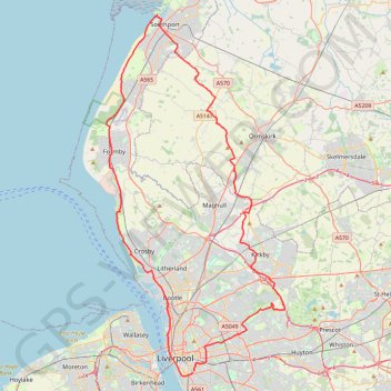 Liverpool to Southport then back via Aughton and Kirkby trail, distance, elevation, map, profile, GPS track