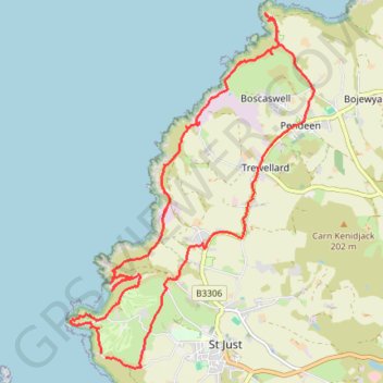 Boscaswell, St Just trail, distance, elevation, map, profile, GPS track