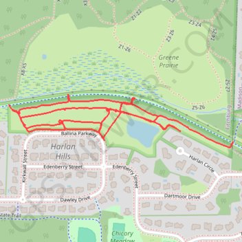 Harlan Hills Prairie paths trail, distance, elevation, map, profile, GPS track