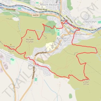 Mynydd y Glyn, Mynydd Dinas and Mynydd y Cymer Loop Hike trail, distance, elevation, map, profile, GPS track